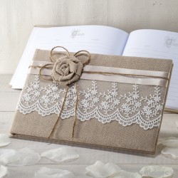 OnePlace Gifts - Set di libro degli ospiti e penna per matrimonio in juta e pizzo, 70 pagine a righe, memento speciale per la coppia (F
