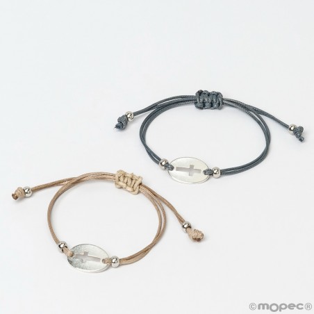 Bracciale a croce in metallo con cordino effetto pelle grigio beige