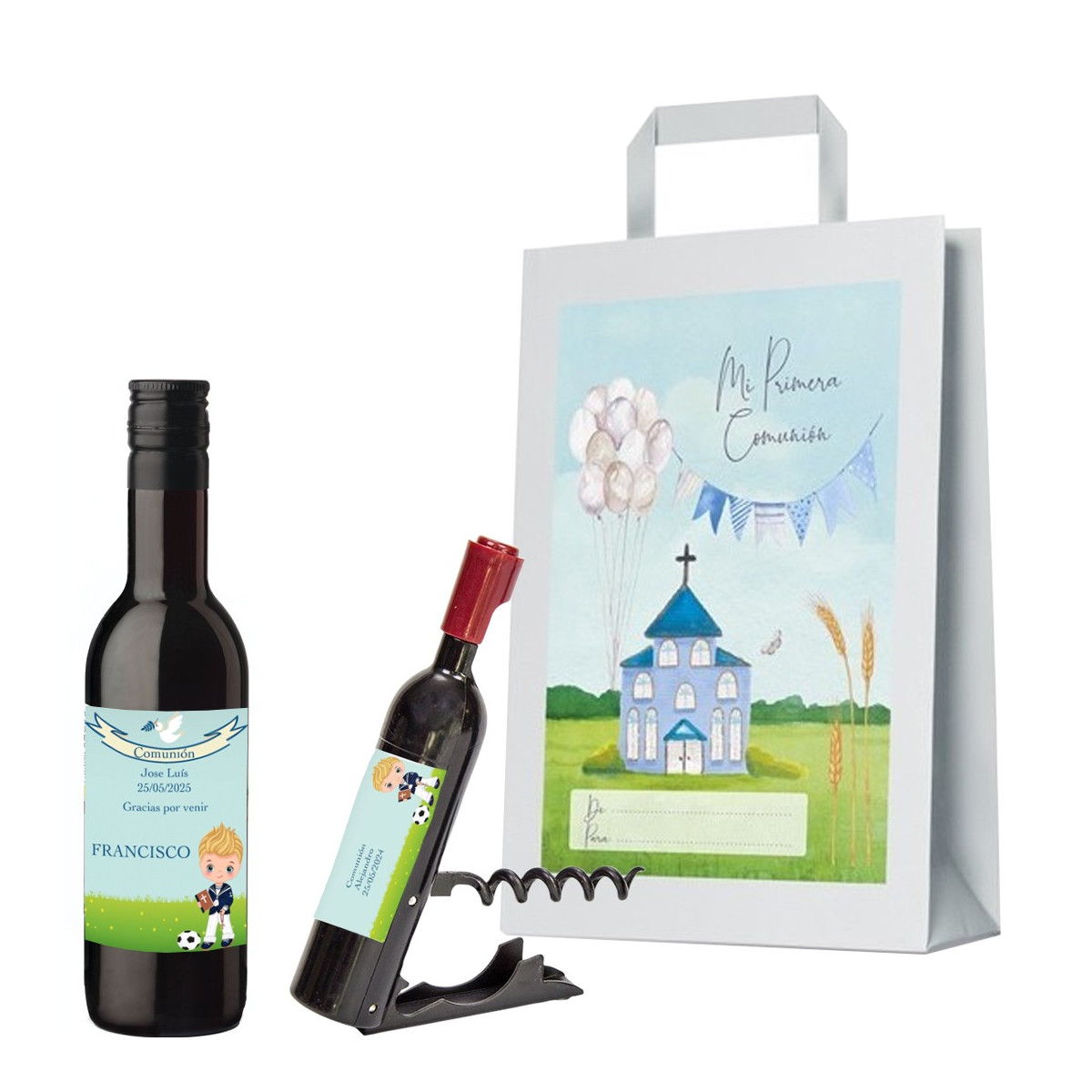 Bottiglia comunione di vino e cavatappi personalizzati con nome dell'invitato, nome del bambino e data in borsa regalo comunione