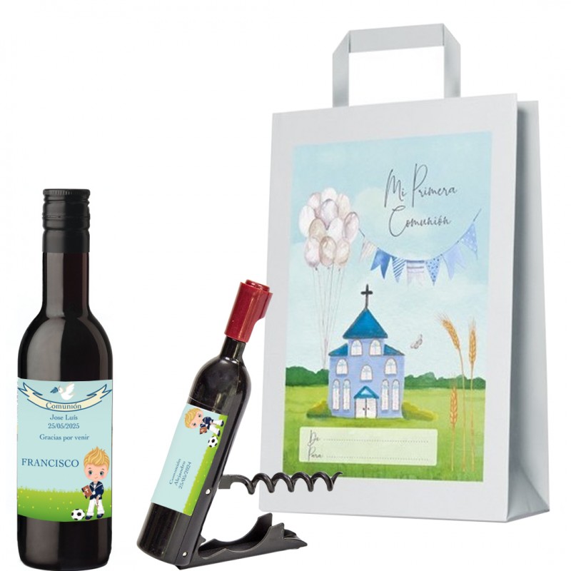 Bottiglia di vino e cavatappi personalizzati con nome dell ospite nome del bambino e data in sacchetto regalo per la comunione