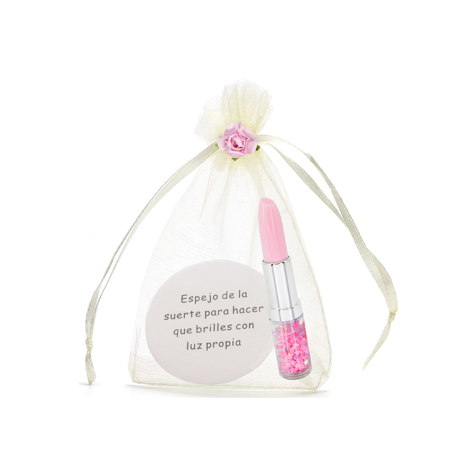 Specchio con frase e penna rossetto con coriandoli presentato in borsa di organza