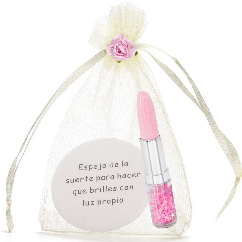 Specchio con frase e penna rossetto con coriandoli presentato in borsa di organza