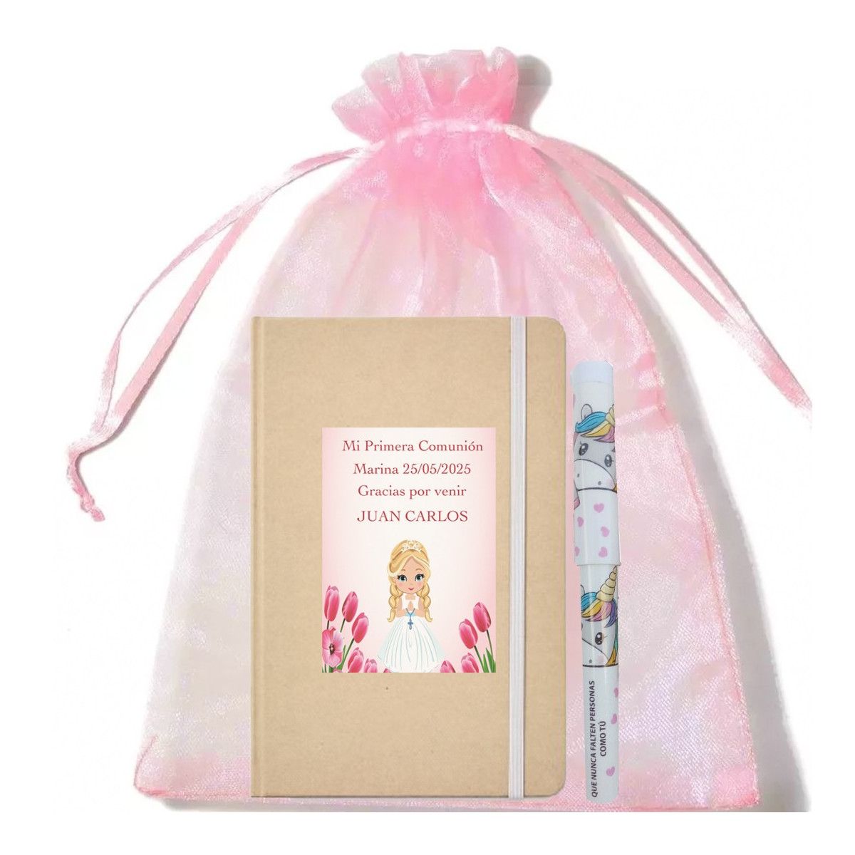 Libretto personalizzato con nome dell'invitata e penna in borsa di organza