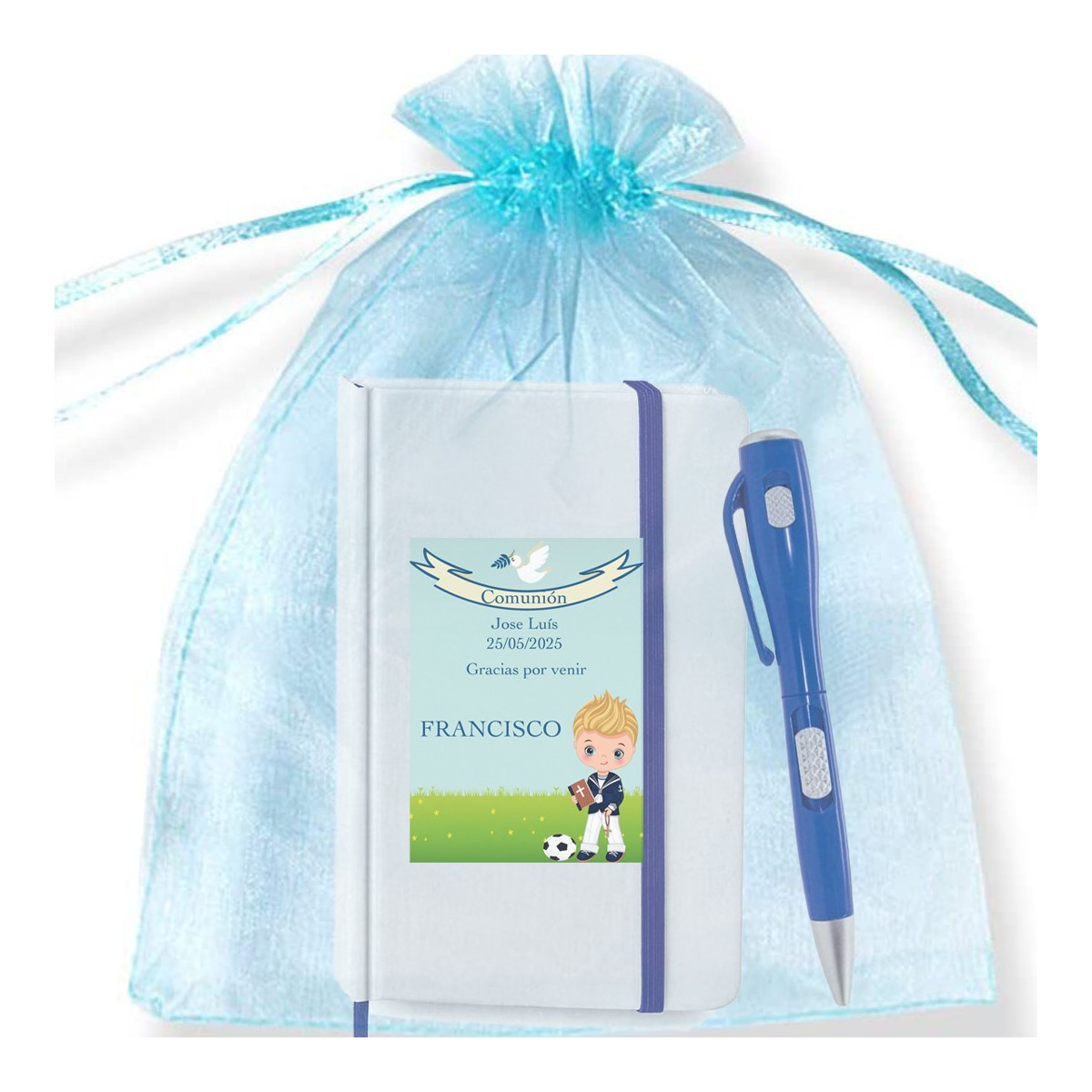 Libretto personalizzato con nome dell'invitato e penna torcia in borsa di organza