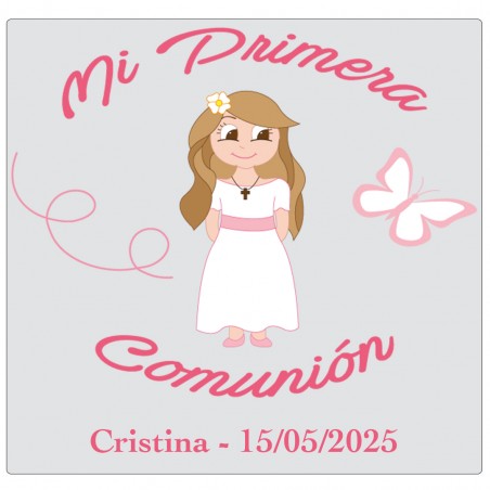 Candela profumata personalizzata con adesivo per la comunione di una bambina con nome e data
