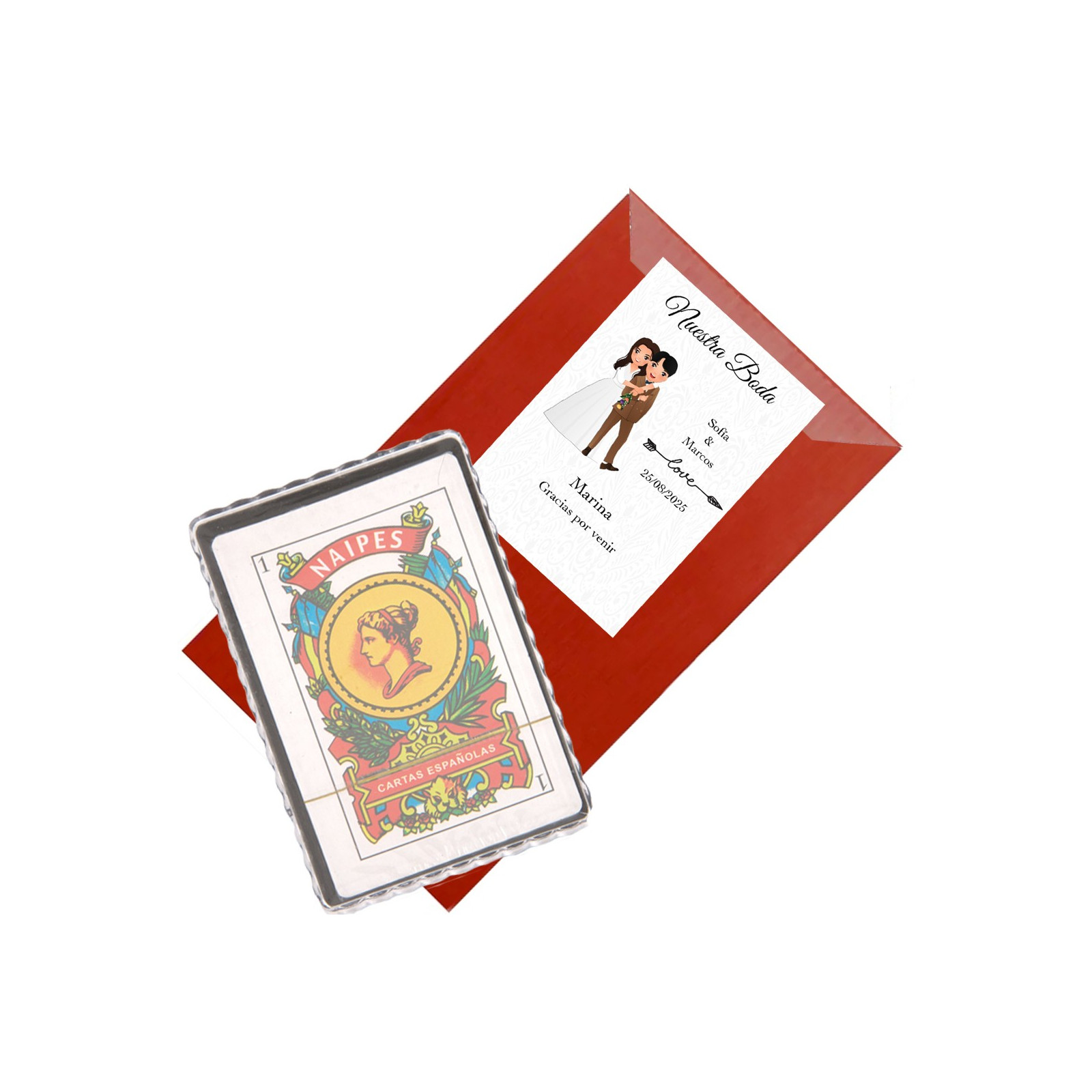Mazze di carte spagnole in busta kraft con nome dell'invitato personalizzato
