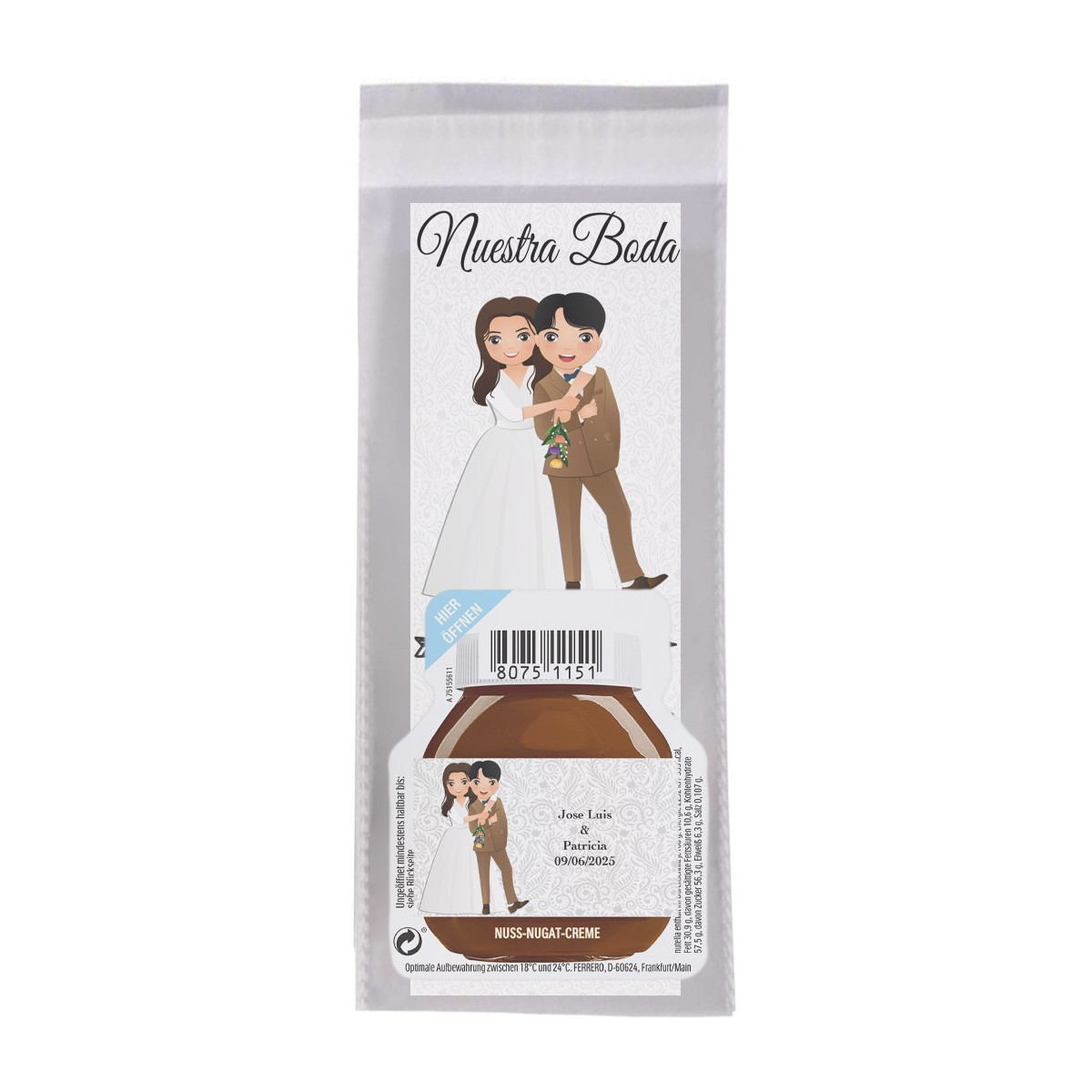 Segnalibro con nome dell'invitato e frase di ringraziamento con mini Nutella personalizzata con nome degli sposi
