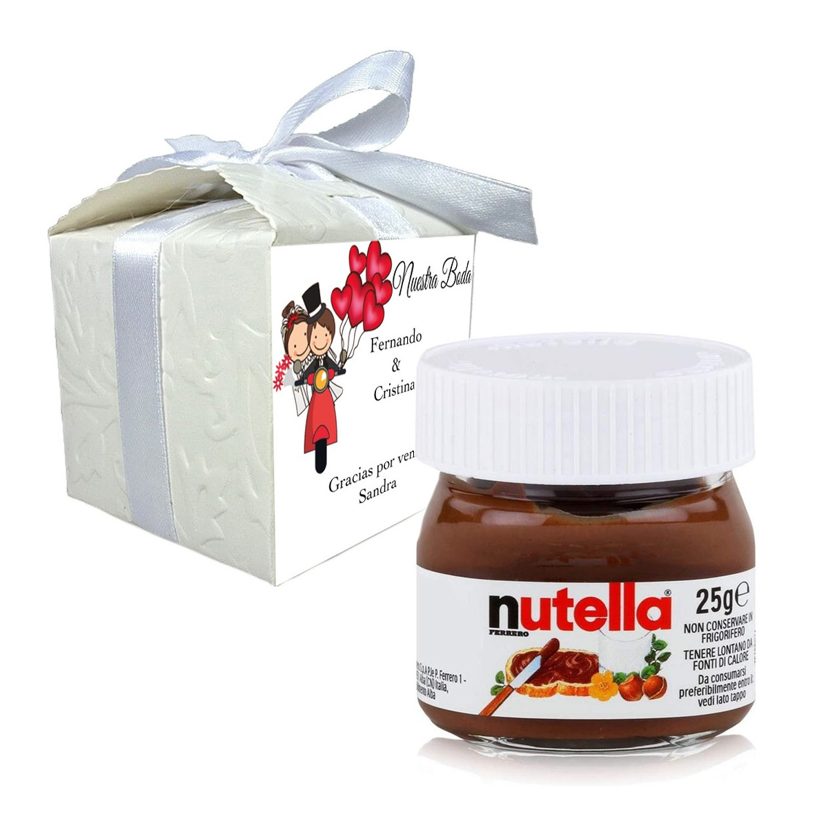 Nutella in scatola regalo personalizzata con nome dell'invitato e frase di ringraziamento
