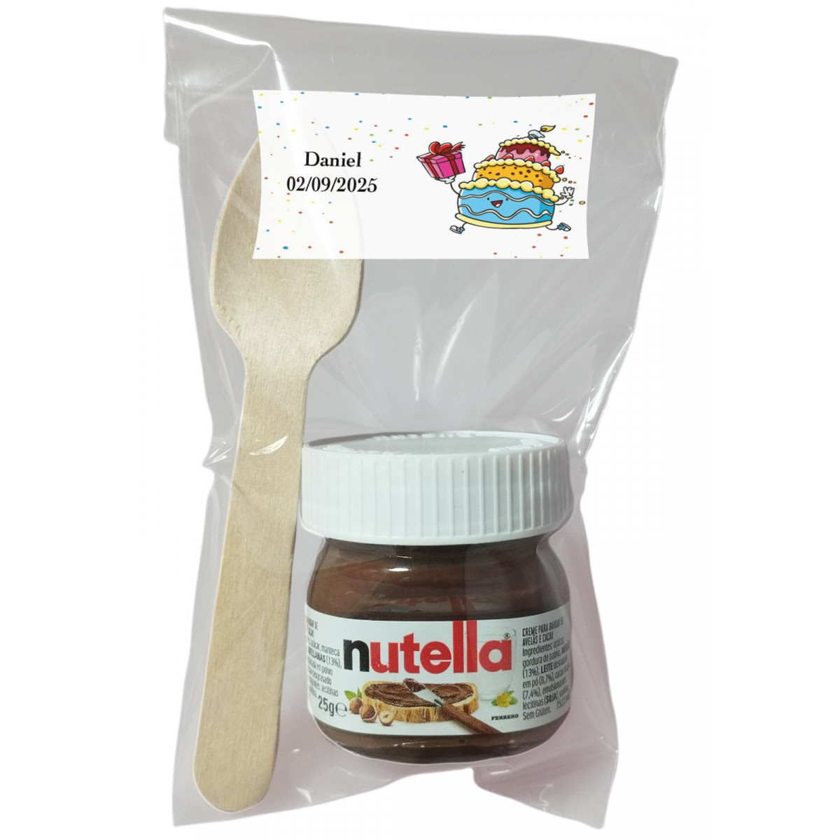 Nutella per compleanno con cucchiaio in sacchetto trasparente personalizzato con adesivo
