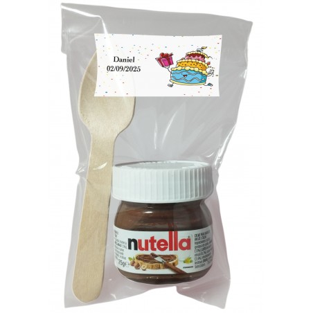 Nutella per compleanni con cucchiaio in busta trasparente personalizzata con adesivo