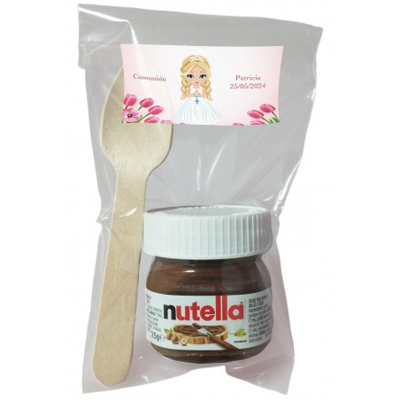 Nutella con cucchiaio in busta trasparente personalizzata con adesivo bambina comunione