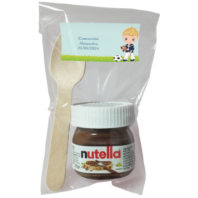 Nutella per comunione bambino con cucchiaio in sacchetto trasparente personalizzato con adesivo