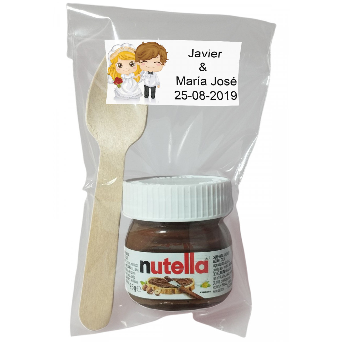 Nutella per matrimonio con cucchiaio in busta trasparente personalizzata con adesivo
