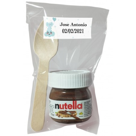 Nutella per battesimo con cucchiaio in sacchetto trasparente personalizzato con adesivo elefante blu