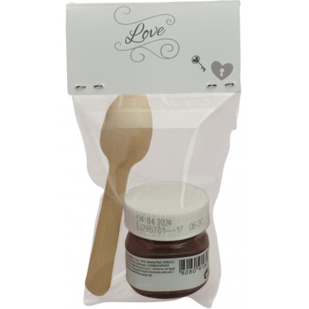 Nutella con cucchiaio presentata in borsa trasparente con cartone love personalizzato