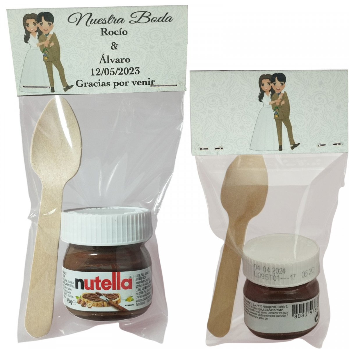 Nutella con chuchara presentata in un sacchetto trasparente con cartoncino personalizzato
