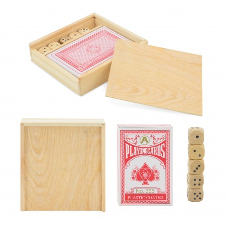 Mazzo di carte e dadi in scatola di legno