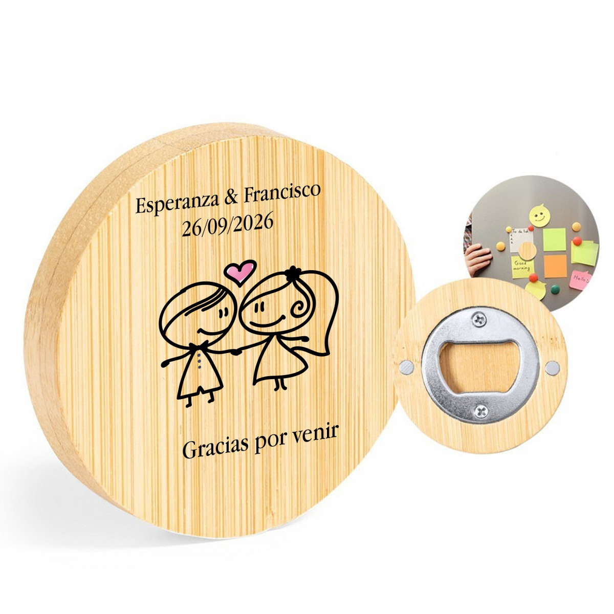 Apribottiglie personalizzato con nome degli sposi e frase di ringraziamento per matrimoni