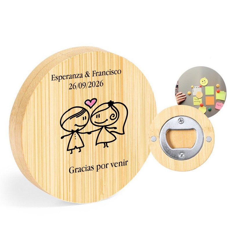 Apribottiglie personalizzato con nome degli sposi e frase di ringraziamento per matrimoni