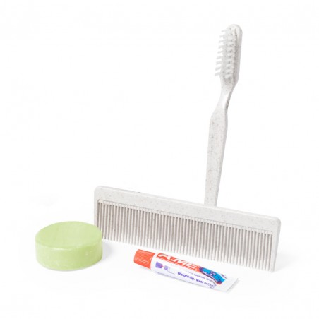 Set igienico con spazzolino e dentifricio sapone e pettine presentato in una scatola kraft