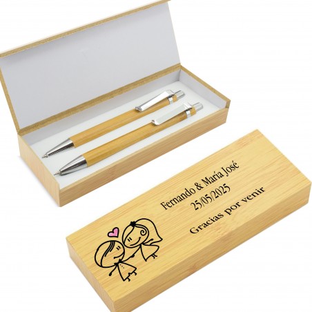 Penna e portamine in bambù in scatola personalizzata con nomi e dedica