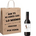 Vino personalizzato con il nome dell'invitato e degli sposi, presentato in una borsa con dedica