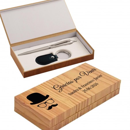 Penna e portachiavi in scatola di legno personalizzata