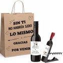 Botiglia di vino personalizzata con cavatappi personalizzato presentato in busta kraft con frase