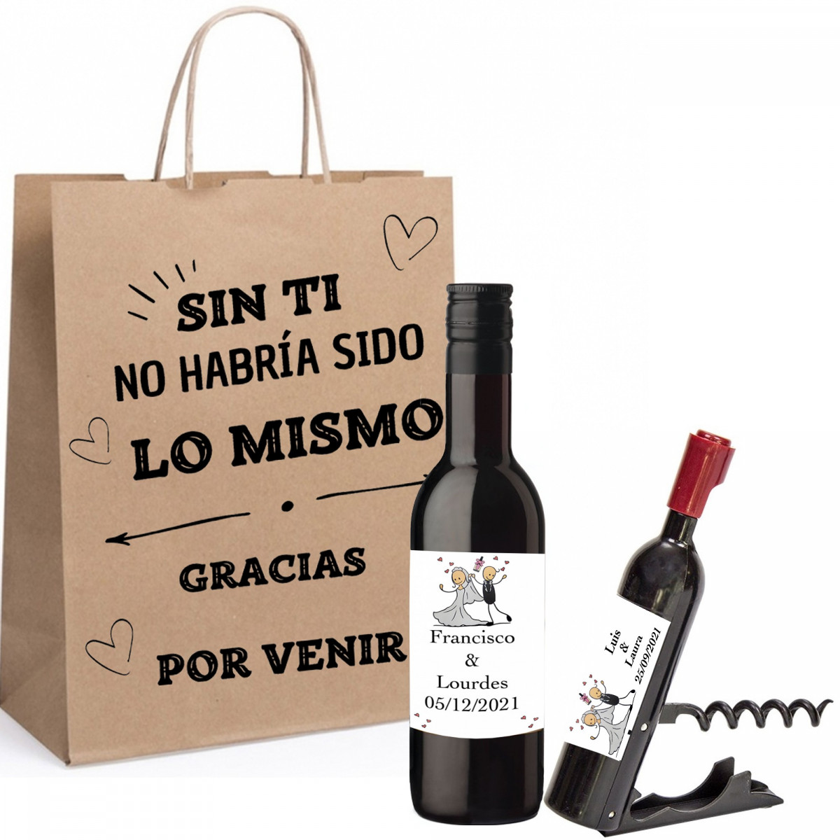 Bottiglia di vino personalizzata con cavatappi personalizzato presentato in sacchetto kraft con frase