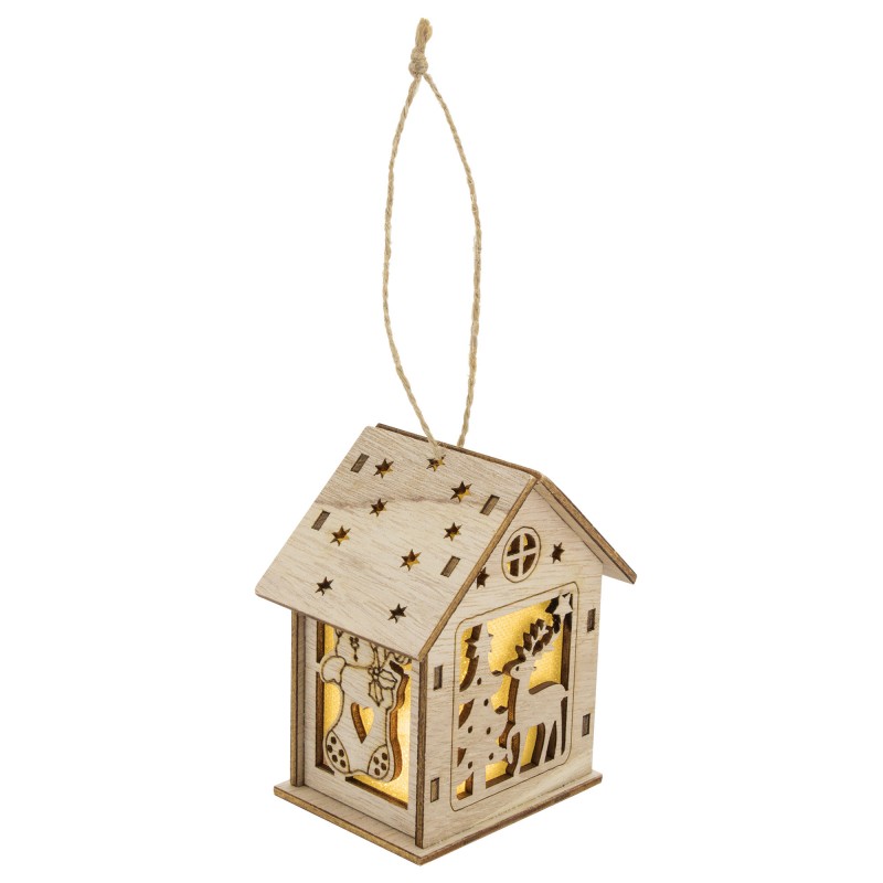 Decorazione natalizia con luce a forma di capanna di legno