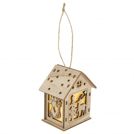 Decorazione natalizia con luce a forma di capanna di legno