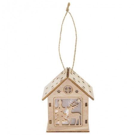 Decorazione natalizia con luce a forma di capanna di legno