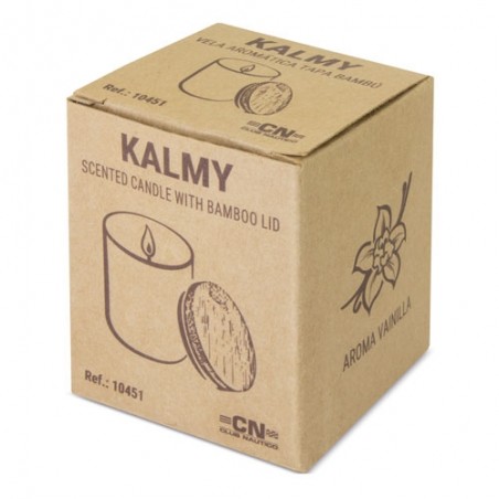 Candela di vetro in vaso con coperchio in bambù e aromatica