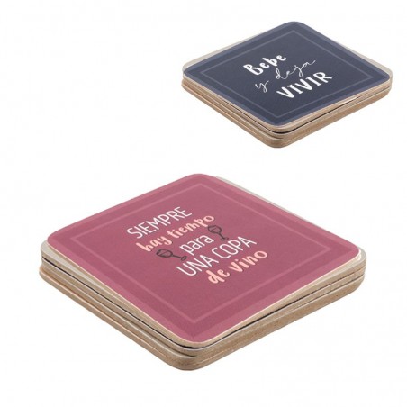 Set di 4 sottobicchieri quadrati realizzati in sughero con frase