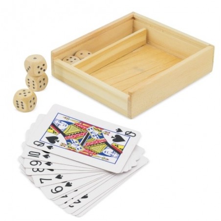 Mazzo di carte e dadi in una scatola di legno personalizzata con nomi, data e una frase di ringraziamento