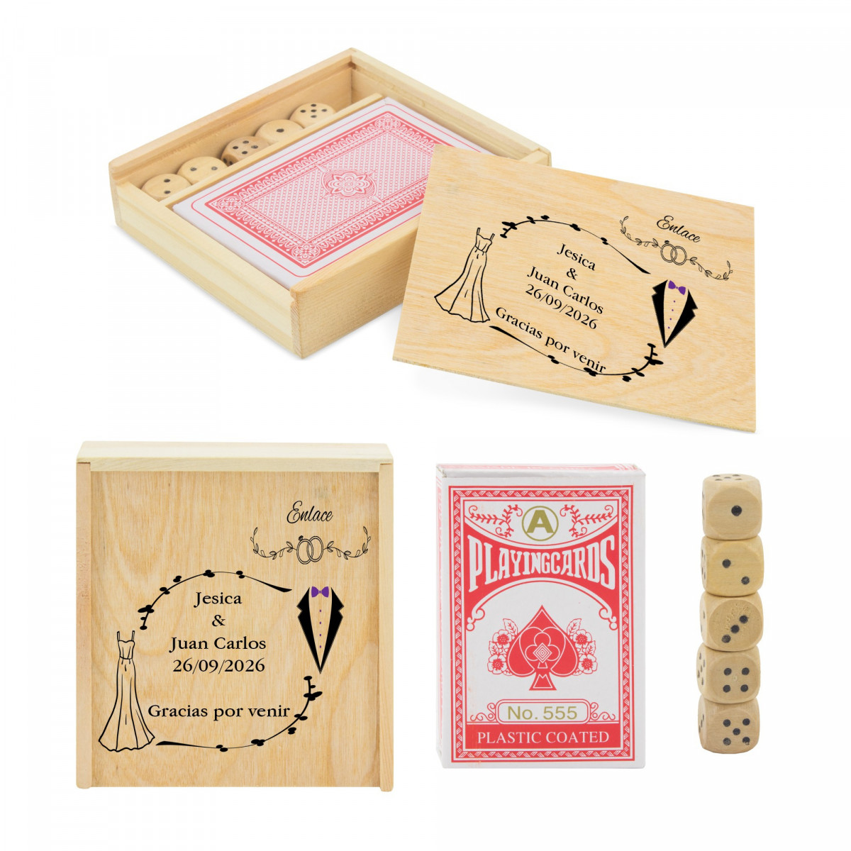 Mazzo di carte e dadi in una scatola di legno personalizzata con nomi, data e una frase di ringraziamento
