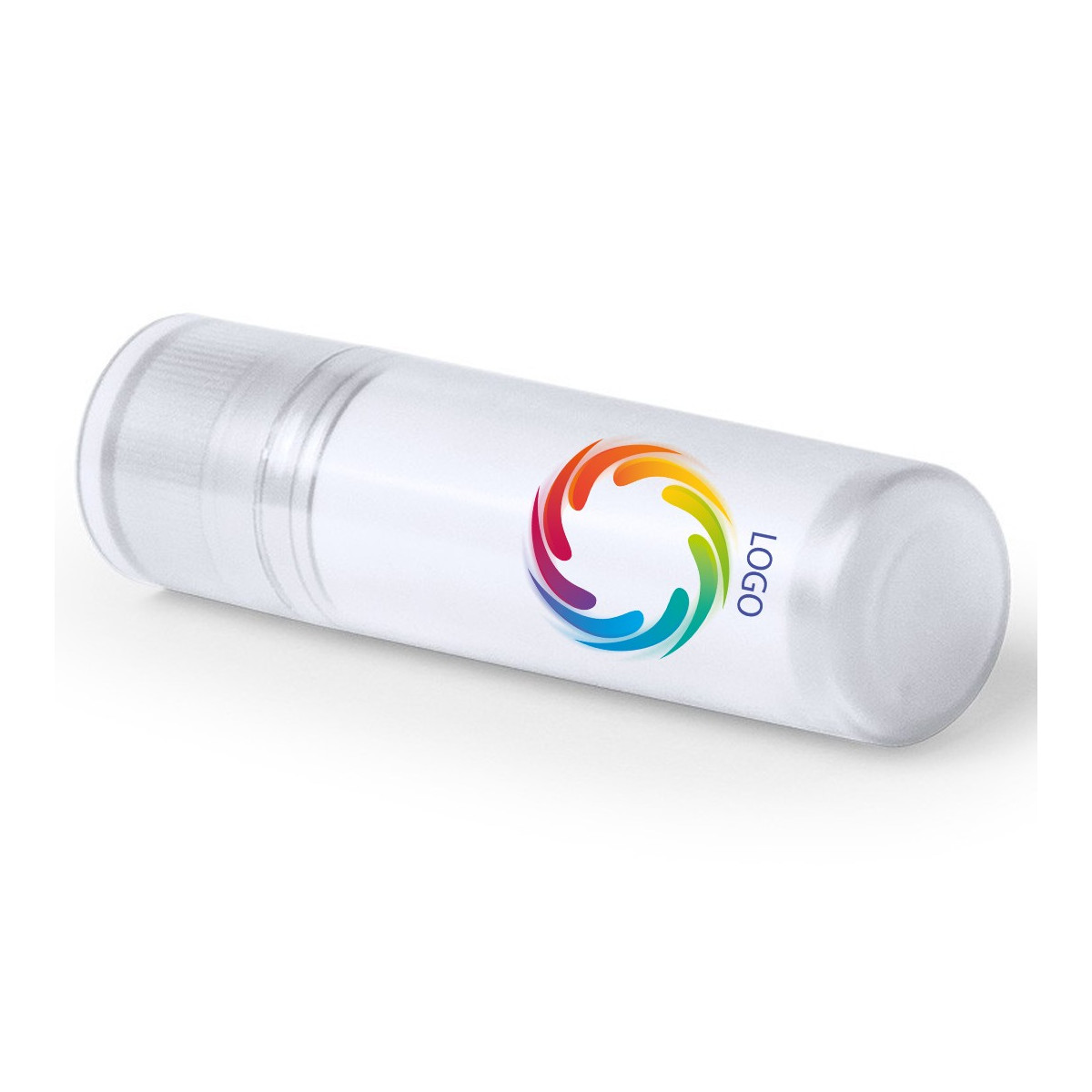 Balsamo labiale bianco personalizzato con logo e testo a colori