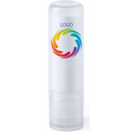 Balsamo labiale bianco personalizzato con logo e testo a colori