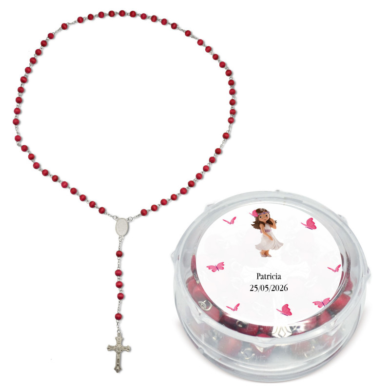 Rosario profumato personalizzato con nome e data su adesivo per la comunione di una bambina