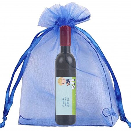 Cavatappi personalizzato con adesivo per bambino della comunione in sacchetto di organza blu elettrico