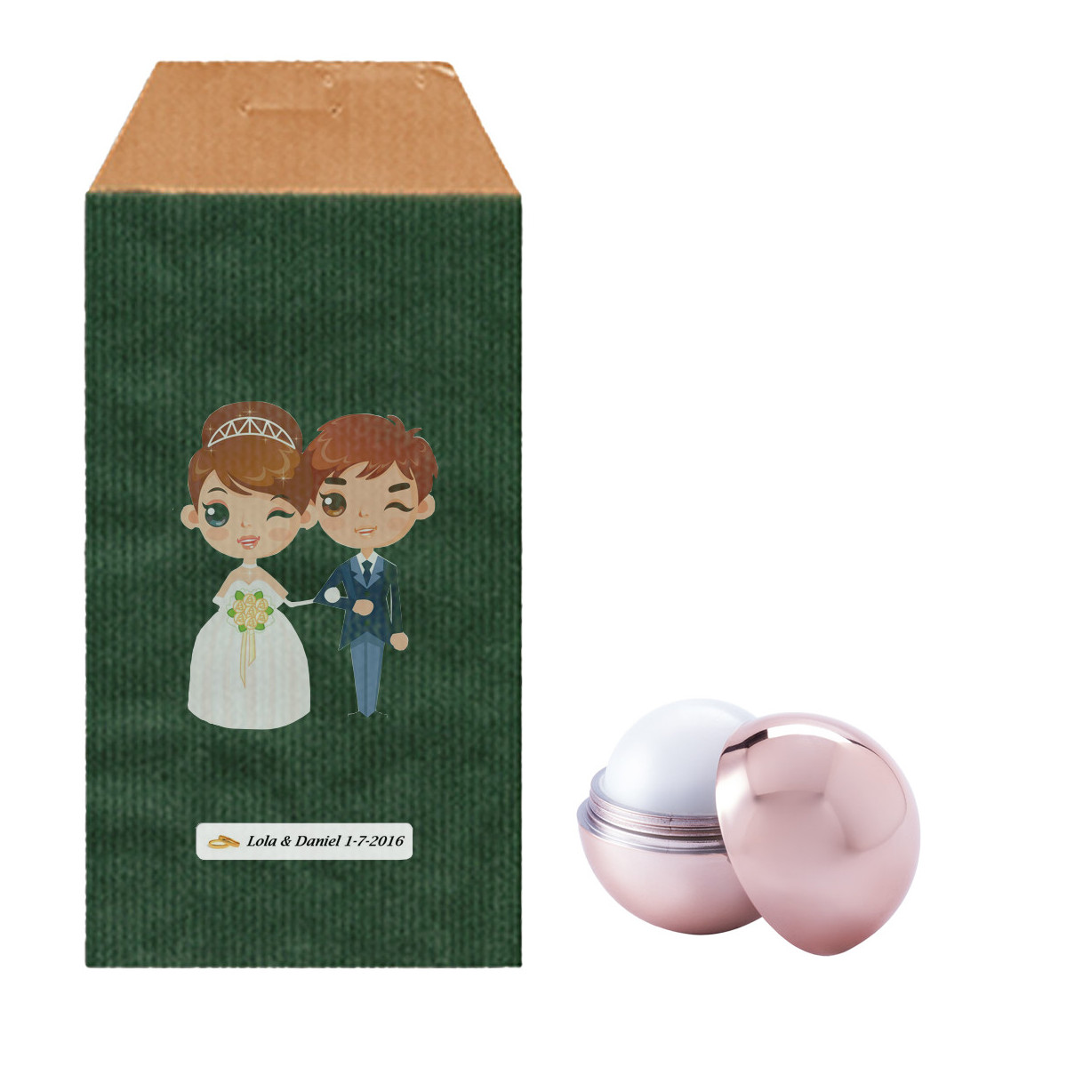 Balsamo per labbra a sfera con busta in carta kraft verde e adesivi personalizzati per matrimonio