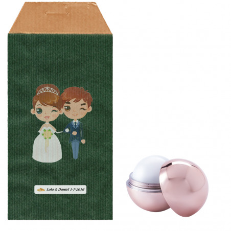 Balsamo per labbra a sfera con busta in carta kraft verde e adesivi personalizzati per matrimonio