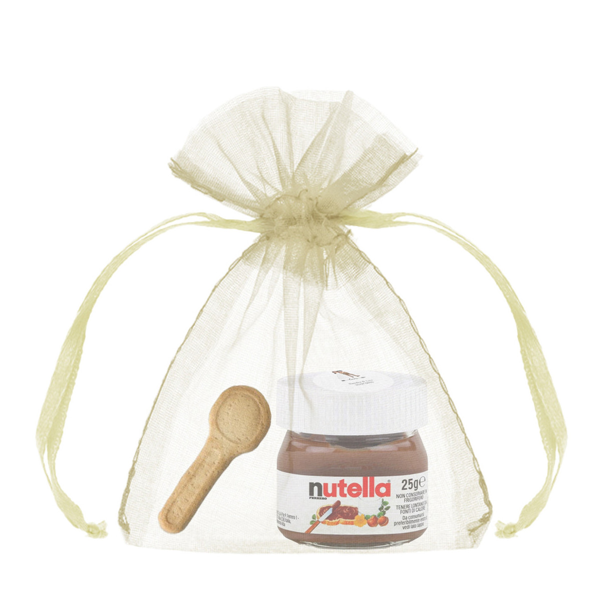Barattolo di Nutella con cucchiaio per biscotti in un sacchetto di organza e personalizzato con un adesivo per matrimonio.