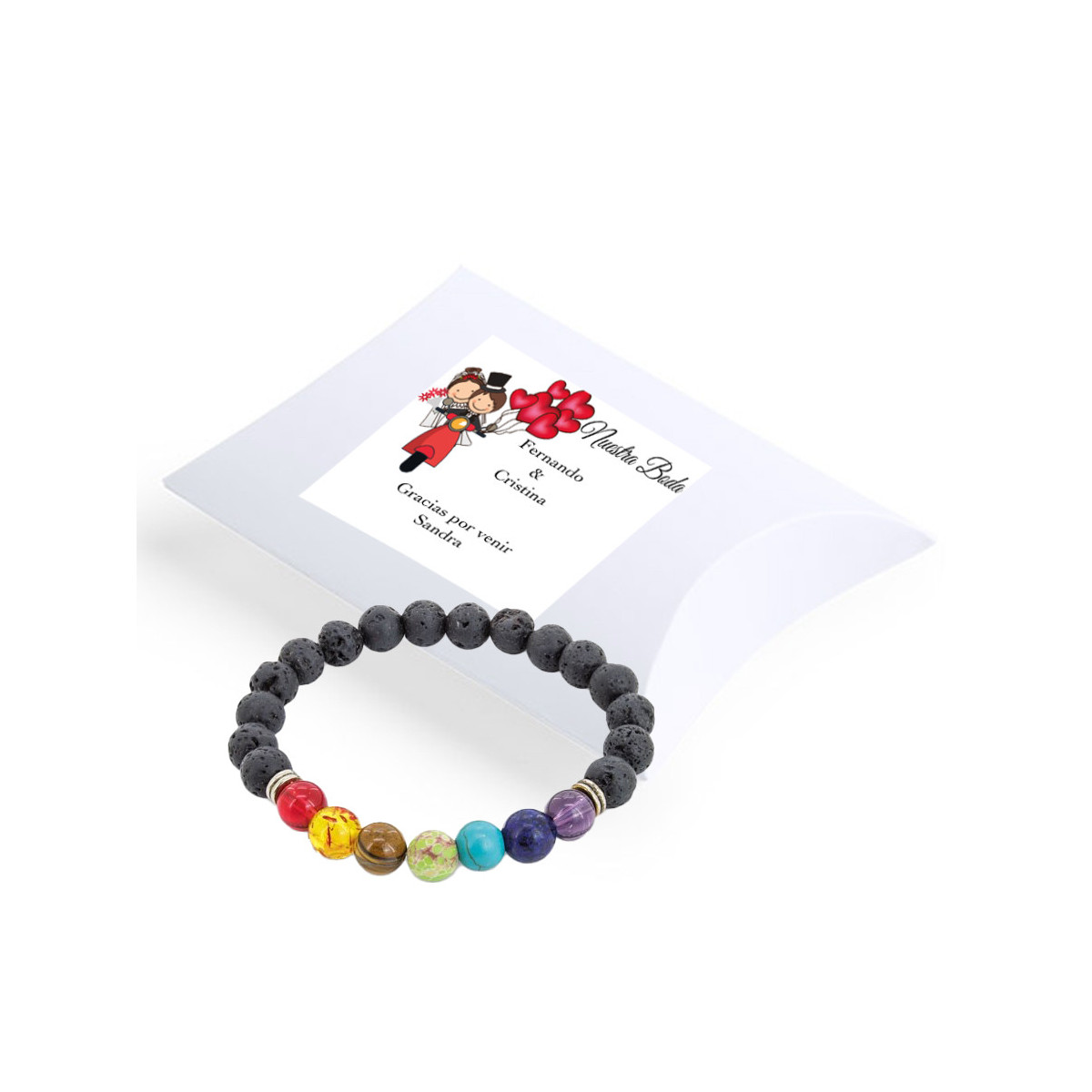 Braccialetti di pietra dei chakra in una scatola di cartone bianca con adesivo personalizzato