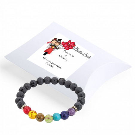 Braccialetti di pietra dei chakra in una scatola di cartone bianca con adesivo personalizzato