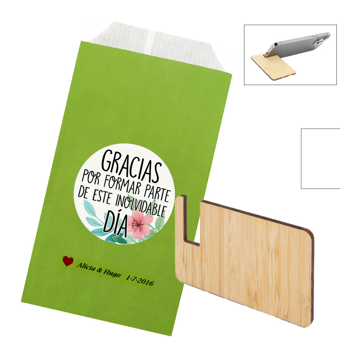 Supporto per cellulare in legno presentato in busta kraft verde personalizzata