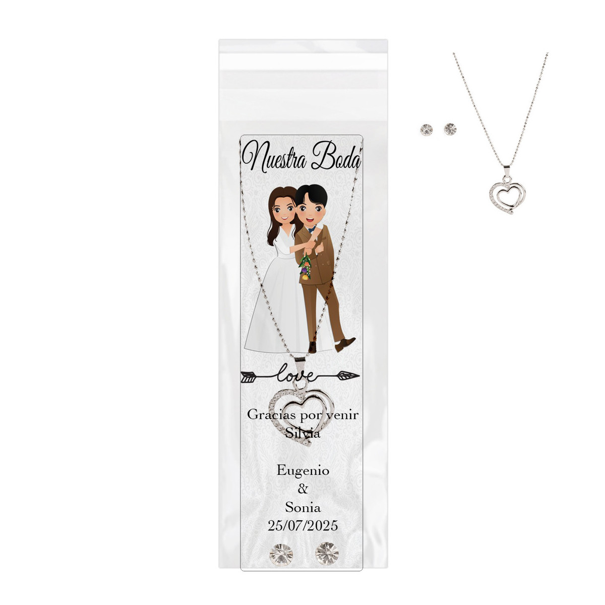 Collana e orecchini presentati in una borsa trasparente con segnalibro di matrimonio personalizzato