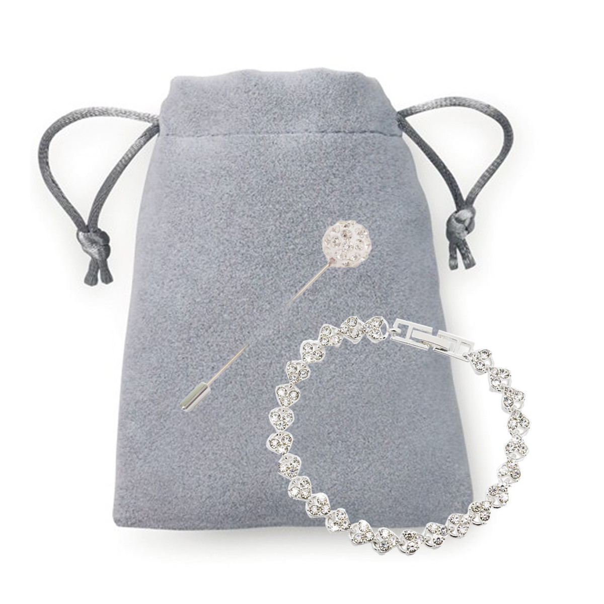 Bracciale di gioielleria raffinata con cristalli presentato in borsa in pelle scamosciata e spilla nuziale