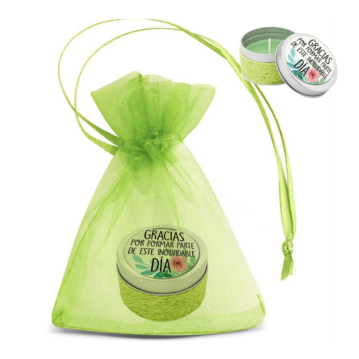 Candela aromatica in scatola di latta personalizzata con adesivo e presentata in un sacchetto di organza