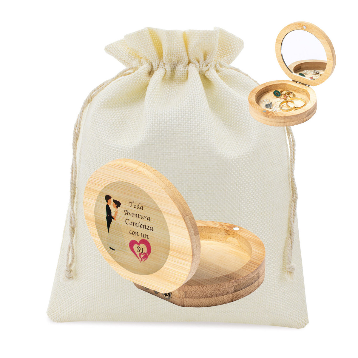 Scatola di legno con specchio presentata in una borsa rustica e adesivo per matrimoni